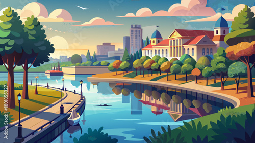 Very beautiful waterfront section along the Delaware River in Trenton, New Jersey, showcasing calm reflective waters, tree-lined banks, and a peaceful riverside atmosphere under soft natural daylight.