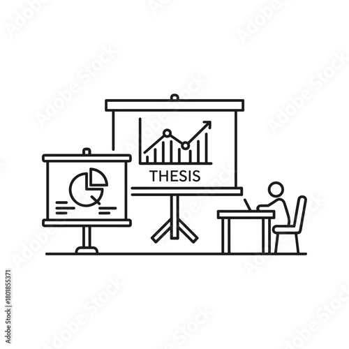 Student presenting thesis concept with data analysis and research findings on projector screens, academic study line art