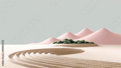 A serene landscape featuring gentle sand dunes and curved patterns in the sand, complemented by greenery against a soft, muted background.