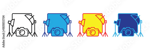 Photography studio setup icon with camera, light and umbrella, illustrating professional equipment for image capture and content creation on white background.