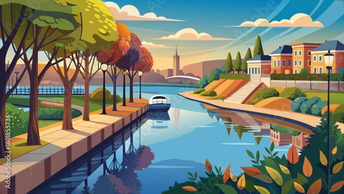 Very beautiful waterfront section along the Delaware River in Trenton, New Jersey, showcasing calm reflective waters, tree-lined banks, and a peaceful riverside atmosphere under soft natural daylight.