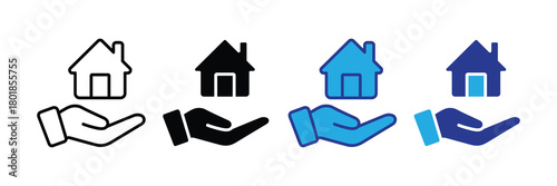 Set of four icons representing a hand holding a house in different styles: outline, solid black, blue, and dark blue, symbolizing security and home ownership.