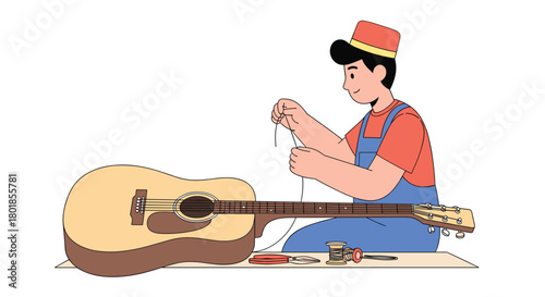 Skilled craftsman carefully repairs acoustic guitar, restoring its beautiful sound with precision tools and dedication