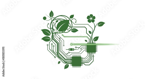 Green technology concept with circuit board intertwined with organic leaves and vines on white background