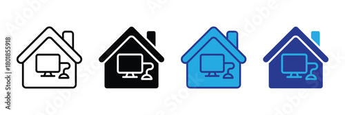 Four distinct house icons with computer and mouse inside, representing remote work or home office setup, in outline, solid black, bright blue, and dark blue colors.