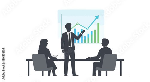 Business meeting with a presenter showing a growing financial graph on a screen to colleagues