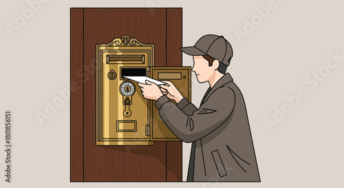 Dedicated mail carrier carefully delivers important letter into vintage brass mailbox with a dial lock