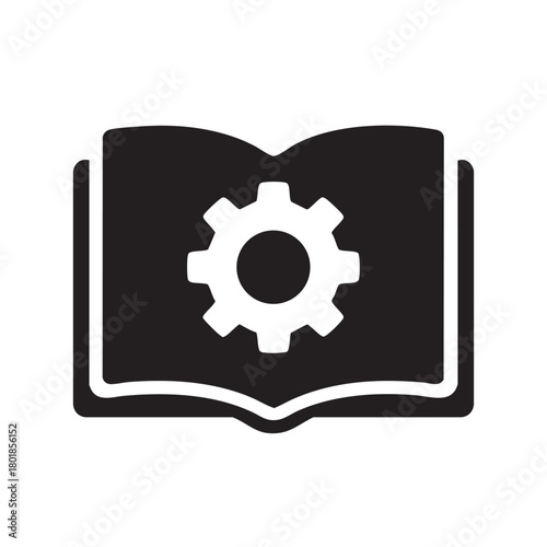 an open book icon with a gear symbol inside representing knowledge learning and technical solutions