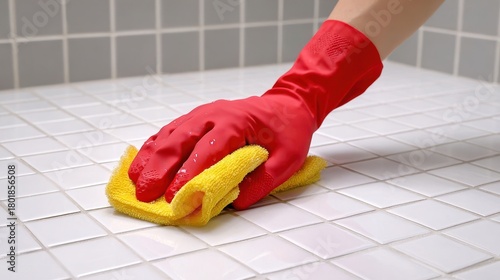 A hand in a red glove cleans white tiles with a yellow cloth, showcasing a focus on cleanliness and home maintenance.