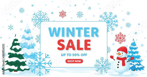 Winter sale banner with snow, trees, snowman and snowflakes