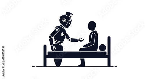 Robotic nurse providing care and assistance to a patient sitting on a hospital bed in a modern healthcare setting