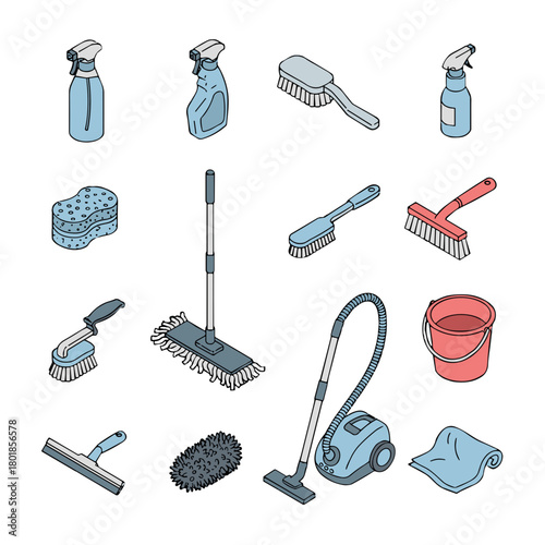 Isometric flat vector cleaning tools in geometric grid, solid colors, no background