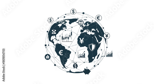 Global financial markets and currency symbols encircling a stylized representation of planet earth