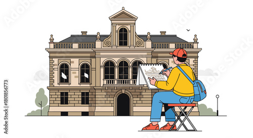 Artist captures stunning historical building facade by sketching in notebook on a sunny day