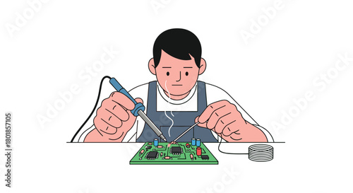 Skilled technician meticulously solders electronic components onto a circuit board, focusing on precision and innovation