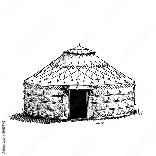 Authentic yurt dwelling sketch, nomadic culture, unique home in nature, pen drawing