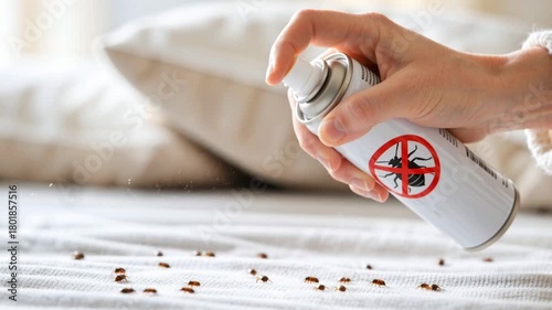 close-up of a person using an aerosol can to spray bed bugs crawling on fabric surface, showing real-time pest control action