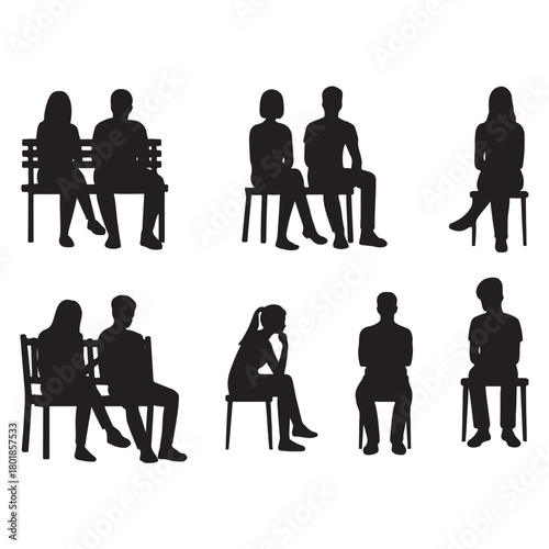 silhouettes of men and women and teenagers sitting on bench or chair vector
