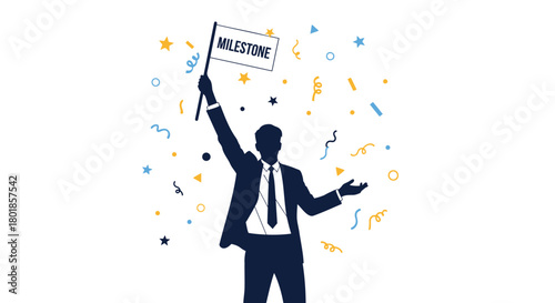 Silhouette of a businessman holding a flag with the word welcome and colorful abstract shapes floating around him