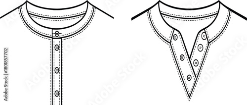 Henley and V-neck placket technical fashion vector sketch, buttoned collar and neck closure drawing template, apparel design illustration, detailed mockup