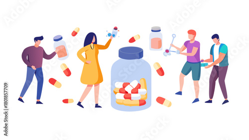 Characters taking pills set. Vitamins, minerals, protein and other health supplements in bottles, capsules, powder. Healthcare, concept. Vector ... See More

