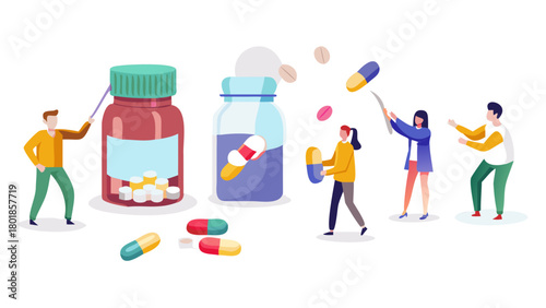 Characters taking pills set. Vitamins, minerals, protein and other health supplements in bottles, capsules, powder. Healthcare, concept. Vector ... See More
