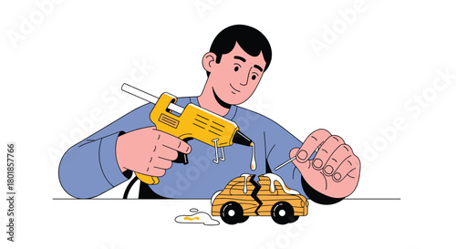Creative craftsman meticulously repairs broken toy car with hot glue gun, bringing joy to DIY projects and hobbyists