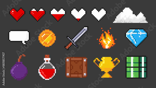 Pixel game icons set. Retro 8-bit UI elements including hearts, weapons, items, coins, potions, fire, and treasures.