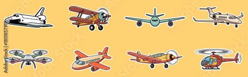 aircraft sticker collection with airplane, helicopter, drone and space shuttle, vector illustration set for aviation and travel