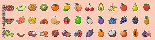 colorful fruit sticker collection with tropical and common varieties, vector illustration set for planners, scrapbooking and healthy food labels