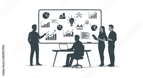 Team of professionals analyzing complex data charts and graphs on a large presentation screen during a meeting