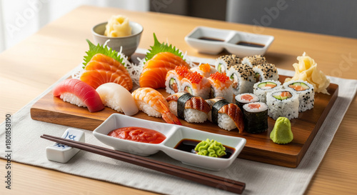 Sushi platter with soy sauce and wasabi