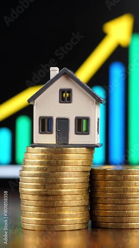 Miniature house resting on gold coins with upward trend financial growth