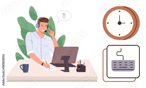 Man in headset assisting on call at desk with computer, mug, and office supplies. Wall clock shows working hour. Ideal for customer service, time management, communication, teamwork, telework