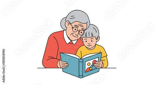 Joyful grandmother shares a cherished storybook with her smiling grandchild, creating precious bonding moments