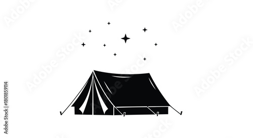 Hand drawn black and white illustration of a simple tent under a starry night sky