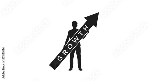 Silhouette of a person holding an upward trending arrow with the word growth symbolizing business success and progress