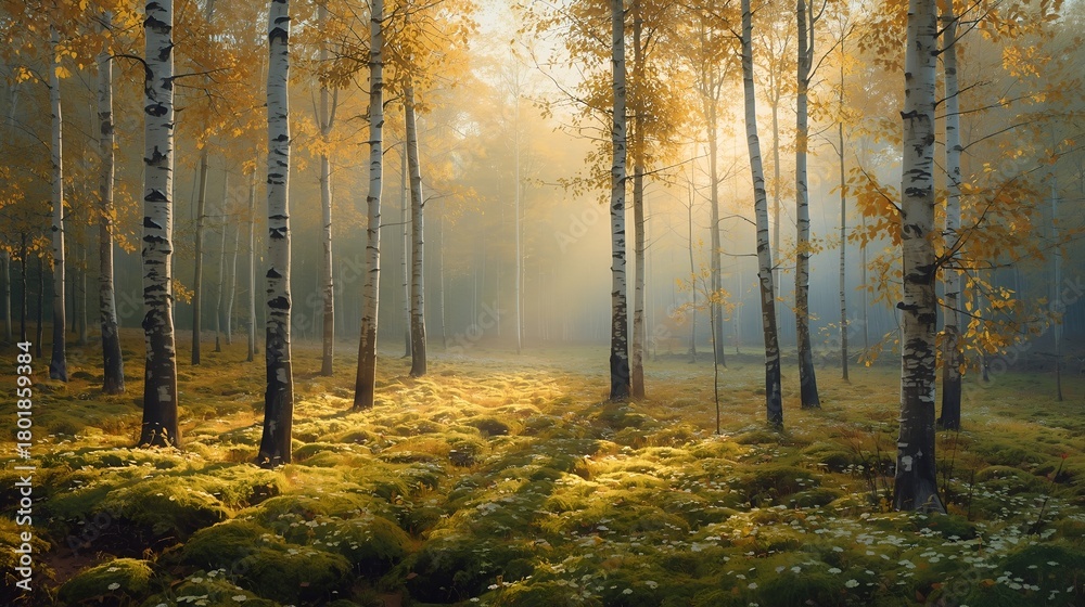 Obraz premium Golden Light Filtering Through Mossy Birch Grove