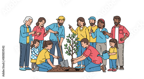 Joyful diverse community planting a young tree together, fostering growth and environmental care with smiles and collaboration