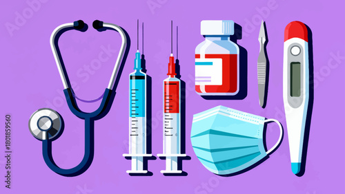 Medical supplies collection, cartoon hand-drawn vector illustrations, medicine bottles, stethoscopes, syringes, masks, band-aids, tablets, thermometers