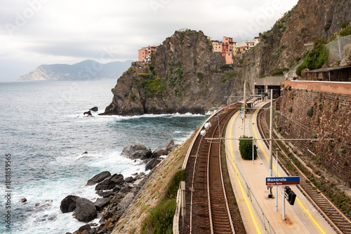 Manarola train station in famous village with colorful houses on cliff over sea in Cinque Terre in autumn, Ligury, Italy