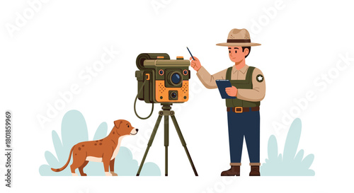Enthusiastic park ranger with loyal dog operates advanced survey equipment in scenic wilderness setting