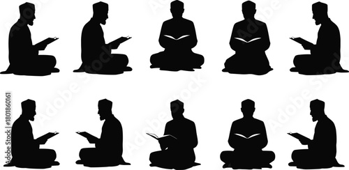 Group reading silhouette, cross-legged posture, spiritual study, black vector, religious devotion, communal learning, cad drawing flat vector illustration