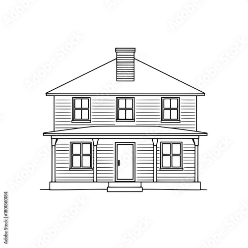 A crisp, outline-only house illustration using bold black linear strokes, showcasing a front-facing symmetrical structure with a centered chimney, multiple windows of varying sizes, and a minimal porc