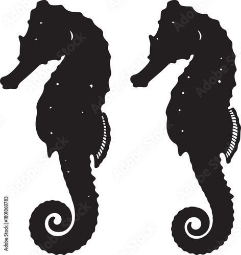 Two black seahorse silhouettes facing right