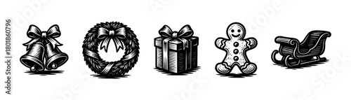 Vintage engraving holiday essentials ,jingle bells, wreath, wrapped gift, gingerbread man, sleigh