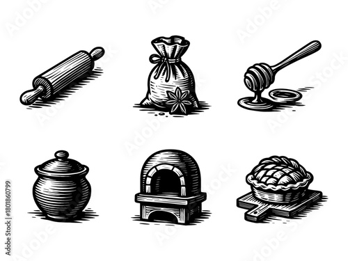 Vintage engraving bakery and kitchen icons, rolling pin, spice bag, honey dipper, pot, brick oven, pie