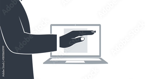 Business professional in a suit pointing at a laptop screen with a digital interface and white background