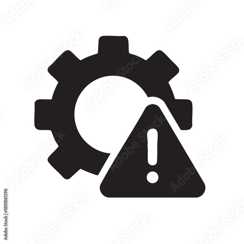 A black icon depicting a gear with a warning sign inside signaling potential system issues