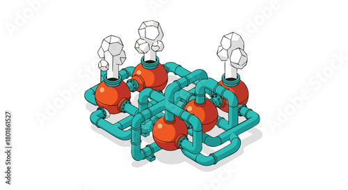 An isometric illustration depicts an industrial plant with interconnected pipes, tanks, and smoke stacks against a clean white background.